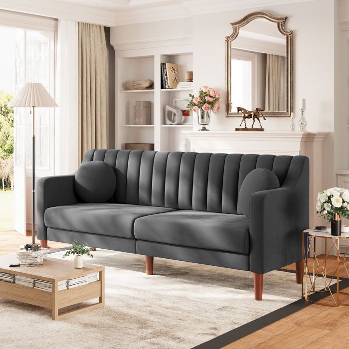 Grand Canapé 3 Places en Velours avec 2 oreillersPieds Bois MassifCanapé Scandinave Moderne Gris pour Salon Bureau 206x74x83cm