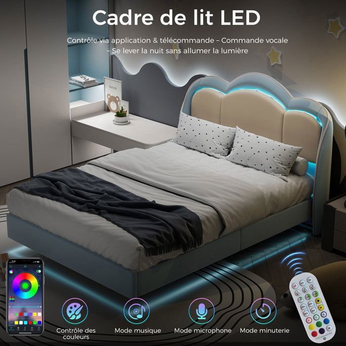 Lit pour enfant HOMAVO 90x200 cm cadre en tissu rembourré éclairage LED musique relaxante pour chambre d’enfant bleu clair