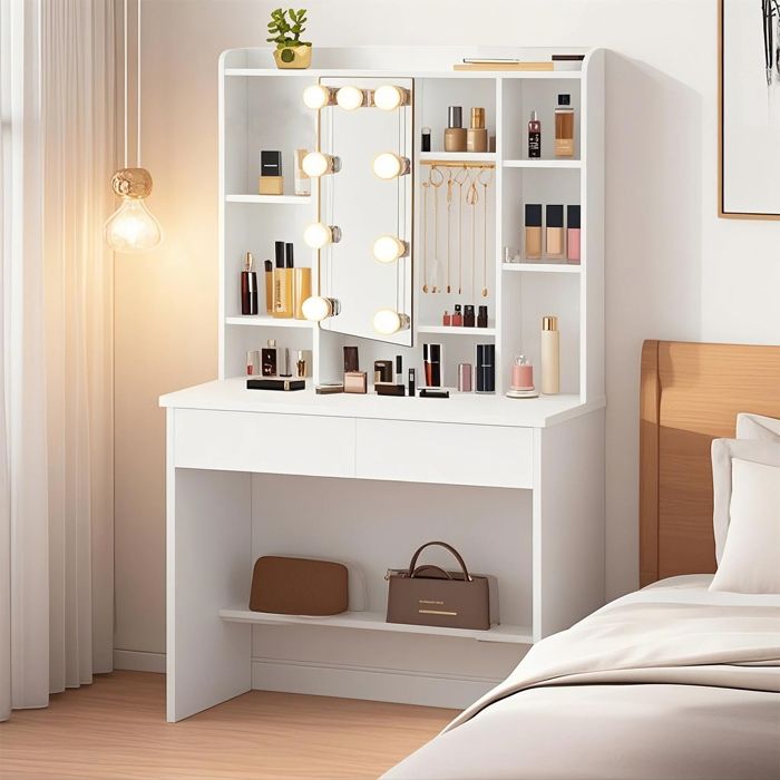 Coiffeuse Moderne - 9 LED - Blanc Nuage - Étagères Réglables - 2 Tiroirs
