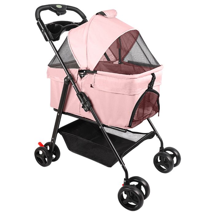 Meilleurs prix pour Poussette Chien 3 en 1 pour Chat Pliable Detachable Panier de Rangement Fenêtre en Filet Buggy Poussette Jusquà 20 kg Rose
