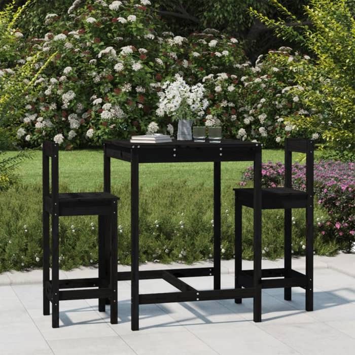 NEW 2026 Ensemble Bistrot/BAR - lot de 3 - 2 Chaises et 1 Table - noir bois de pin massif 82.5x82.5x110 cm S533