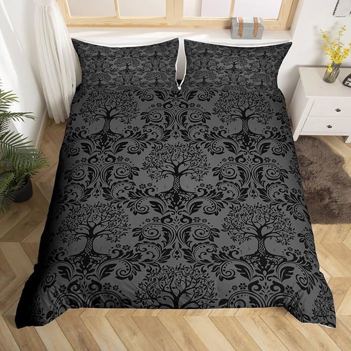 Housse de Couette Gothique 220x240 cm – Noir Gris Damassé Motif Arbre de Vie Parure de Lit Bohème Literie Vint PARURE DE COUETTE