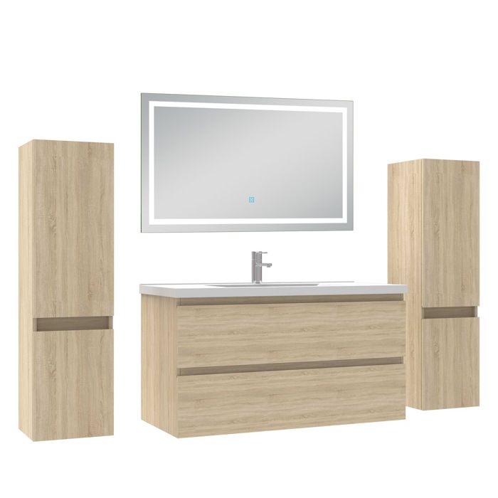 AICA Meuble de salle de bain 99 cm chêne mat avec Lavabo 2 colonnes miroir LED 6000K dimmable AICA Meuble de salle de bain 99 cm chêne mat avec Lavabo 2 colonnes miroir LED 6000K dimmable