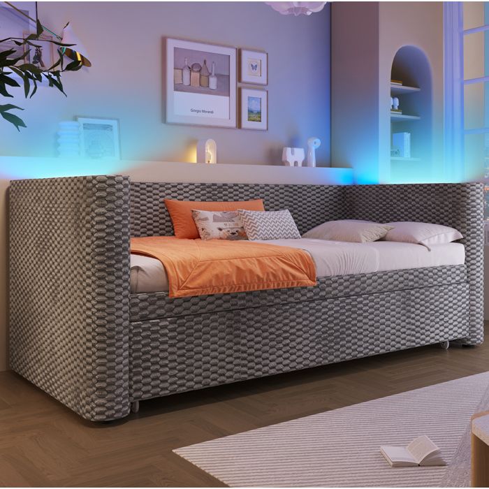 Lit escamotable extensible 90 × 200 cm avec LED sommier à lattes - TCQPZ - velours gris 180 × 200 cm