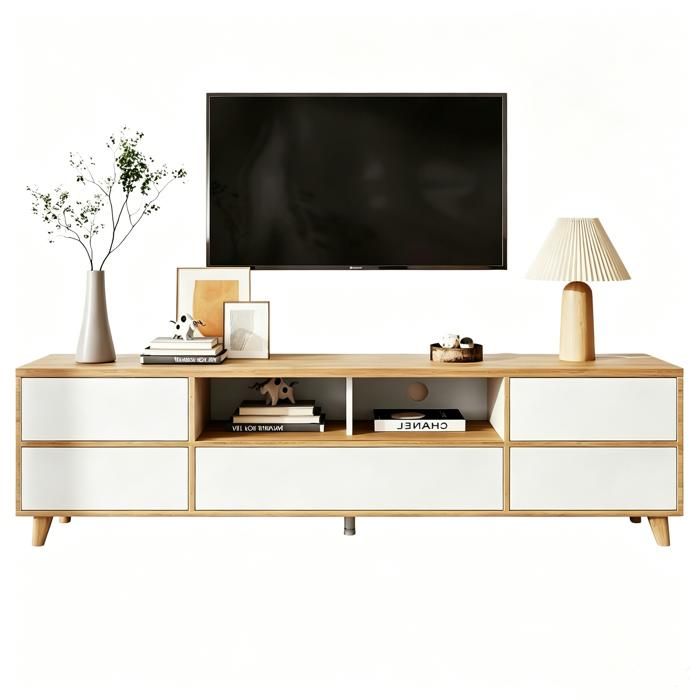 Meuble TV bas 175x37x 51cm Meuble de salon en blanc et bois avec compartiments et portes style maison de campagne naturelle