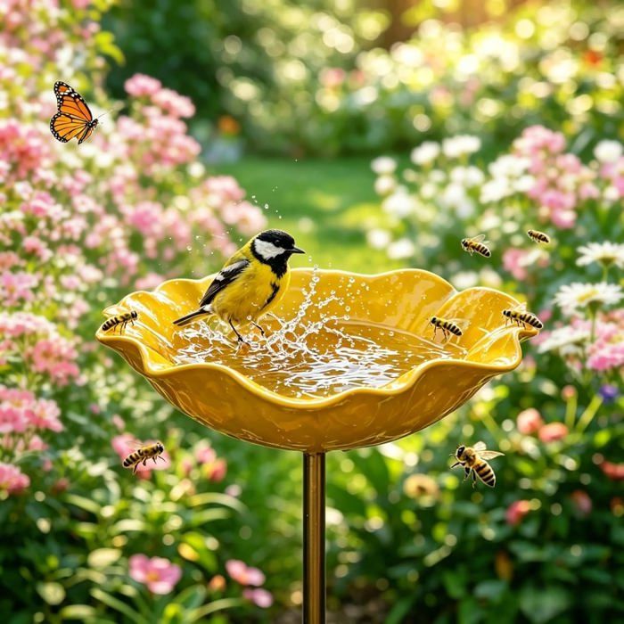 Mangeoire pour oiseaux en forme de fleur jaune - Abreuvoir de jardin - Diamètre 15 cm hauteur 65 cm