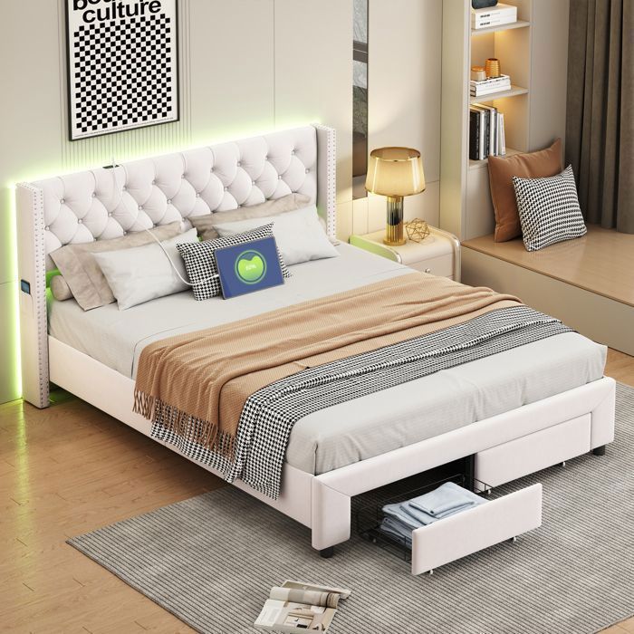 Lit Double 140x190 cm Velours Beige Clair 2 Tiroirs Poches LED USB Tête Cloutée Sommier à Lattes Chambre Adulte