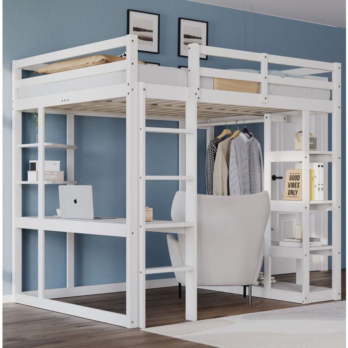 lit adulte mezzanine 140x200 rangement bureau bois blanc avec étagères et penderie pour chambre EVRYAE