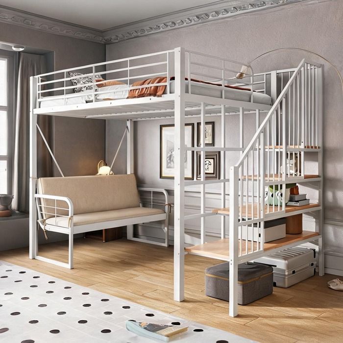 Lit superposé 140x200 cm en métal soft white avec canapé convertible rangement et escalier sécurisé