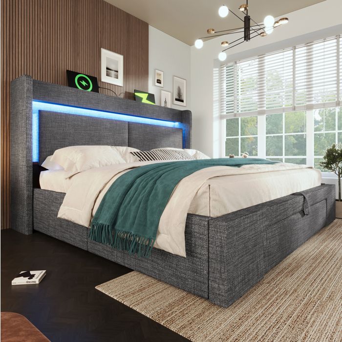 Sommier 160 x 200 cm - Lit coffre hydraulique avec tête de lit de rangement LED USB et USB-C - Gris