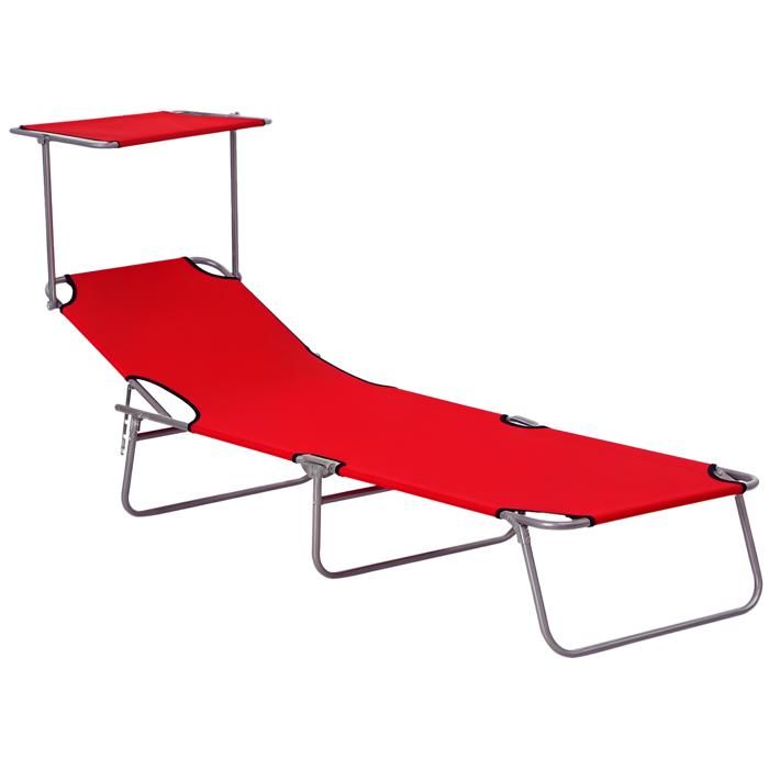 Bain de Soleil Pliable avec Pare-Soleil - Transat de Jardin Réglable en 4 Positions - Lit de Camping en Métal Rouge