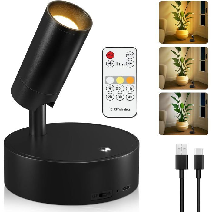 Spotlight LED mural rechargeable sans fil - Dimmable avec télécommande timer et batterie 2600 mAh charge USB-C