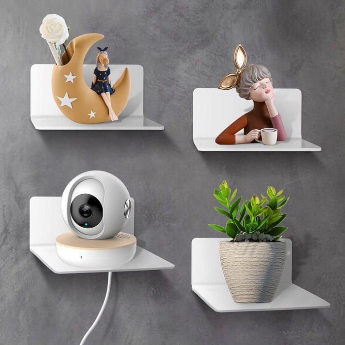 Lot De 4 Etagere Murale Blanche Etagere Murale Sans Percage En Acrylique Etagere Salle De Bain Etagères Murales Avec Trous D[BI96]