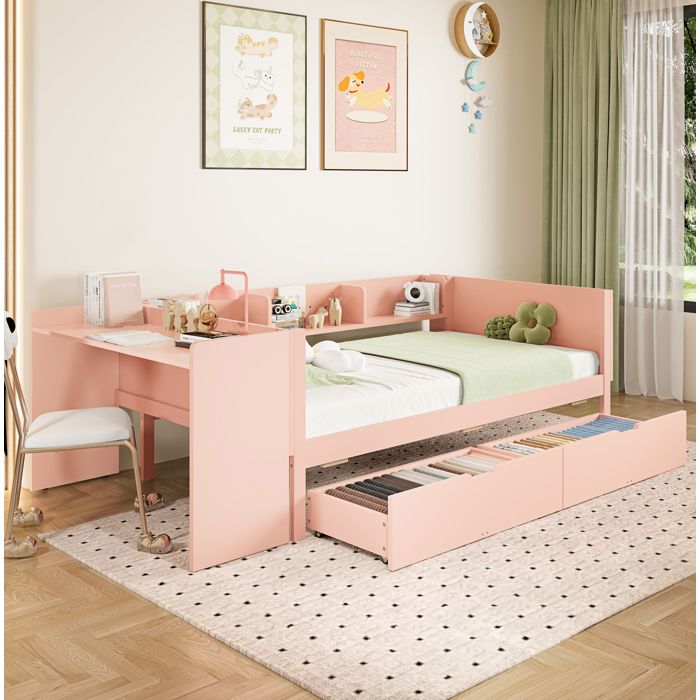 MEULVA Lit combiné 90x200 cm avec bureau intégré 2 tiroirs étagères pin et panneaux de particules rose