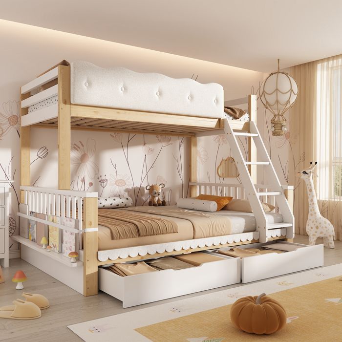 Lit superposé enfant 90x200/140x200 cm avec garde-corps décor nuages tiroirs porte-revues cadre en bois blanc & chêne sans matelas