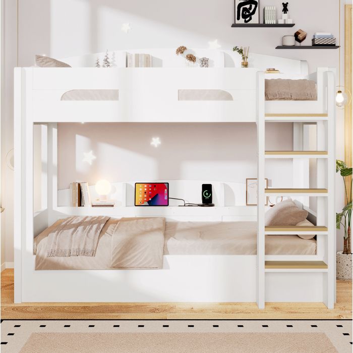 Lit superposé avec lit inférieur 90x200 prise USB intégrée étagères de rangement blanc bois JOINERY