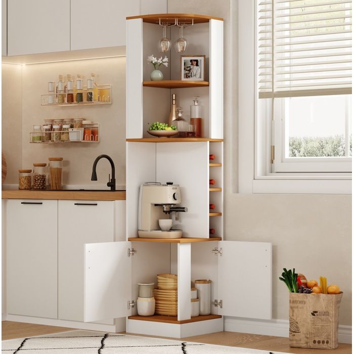 COVREO Meuble bar d’angle 40 x 40 x 182 cm avec porte-verres 4 casiers et placard MDF blanc