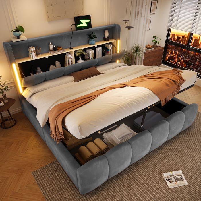 Lit double rembourré 180x200 cm en MDF et velours coloris gris ports USB éclairage LED coffre relevable sans matelas