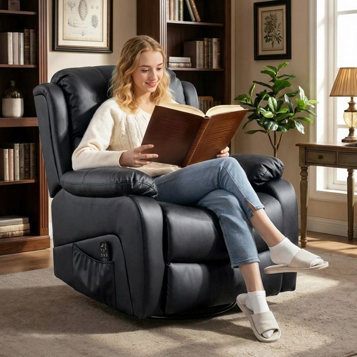 Fauteuil massant avec repose-pieds dossier inclinable pivotant à 360° similicuir et tissu noir 97 x 85 x 100 cm