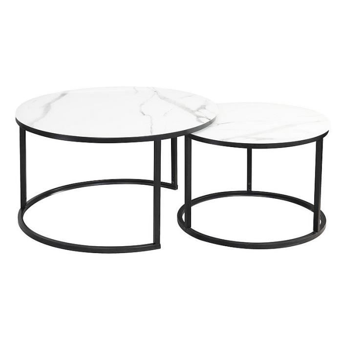 meubles - lot de 2 tables gigognes atlanta rondes en métal ett verre effet marbre - blanc / noir - d 80 x h 45 cm.