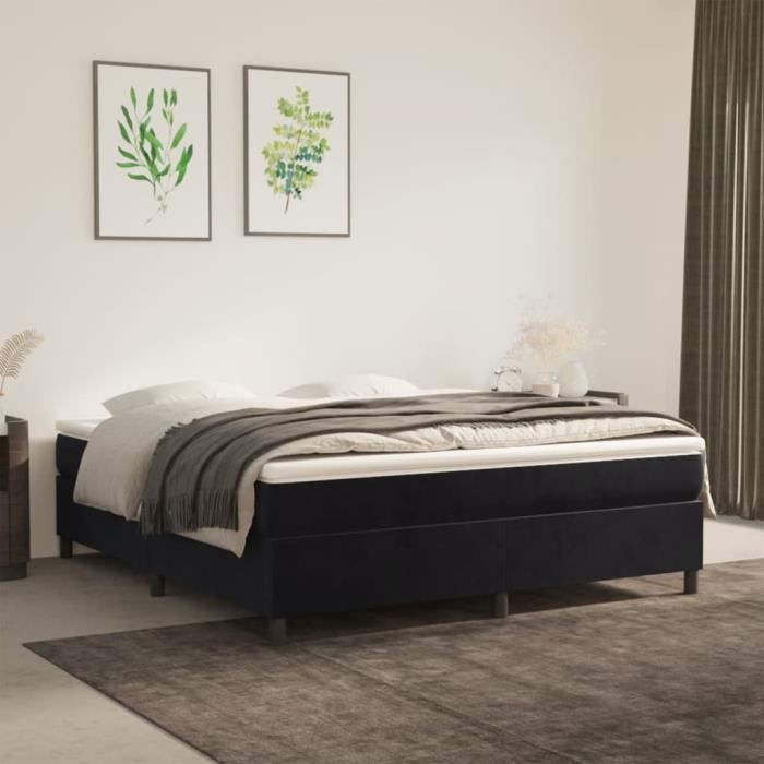 Sommier - AKOZON - 160x200 cm - Velours Noir - 2 places - Pieds inclus