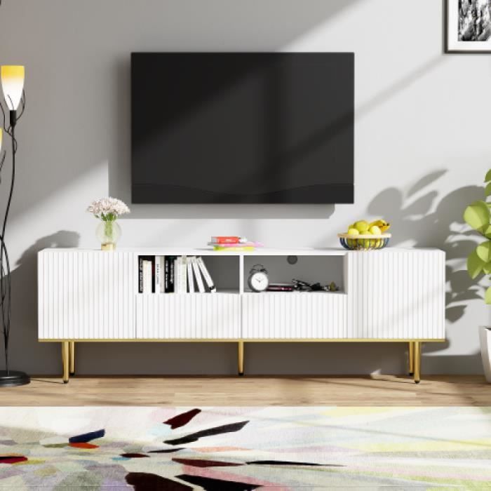 Meuble TV - Rectangulaire - Blanc - 165x36x55 cm - Pieds et bord dorés