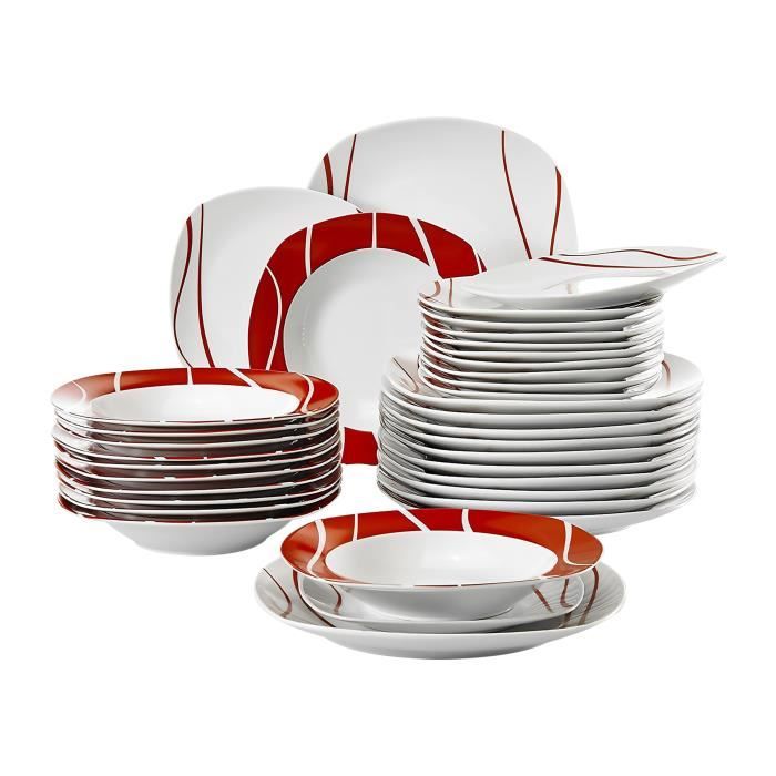 MALACASA Assiette Série FELISA 36 pièces Service de Table Complet en Porcelaine Motif à rayures blanches et rouges