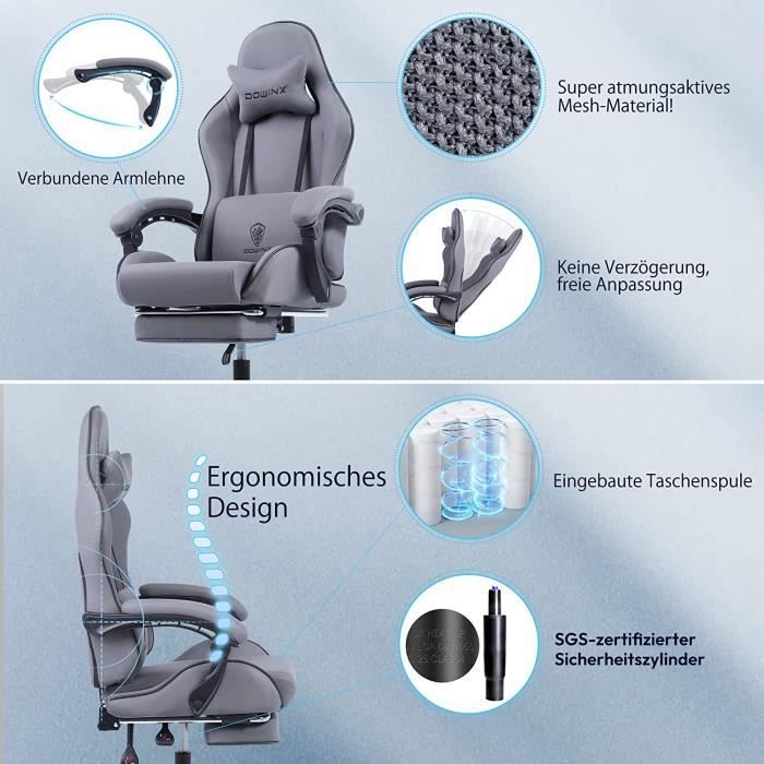 Fauteuil Gaming SONGMICS HOME Gris Tourterelle - Chaise Bureau Ergonomique Avec Repose-Pieds, Appui-Tête & Coton-Lin OBG072G01