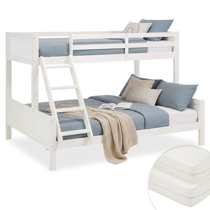 Lit superposé 3 places enfant & ado en bois blanc 90x200 + 140x200 cm avec sommiers à lattes et 2 matelas Lit superposé 3 places enfant & ado en bois blanc 90x200 + 140x200 cm avec sommiers à lattes et 2 matelas