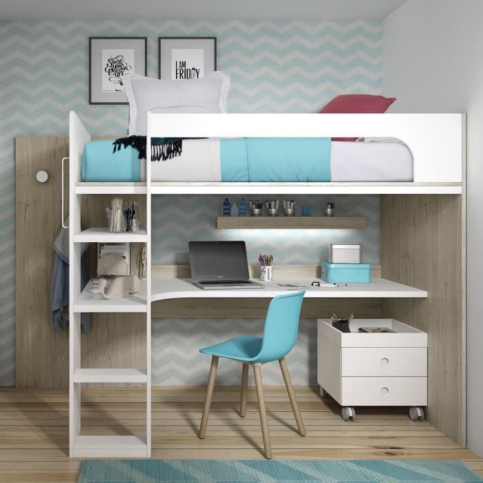 Lit Mezzanine Avec Bureau 170x200 3x109 2 Cm Chene Blanc