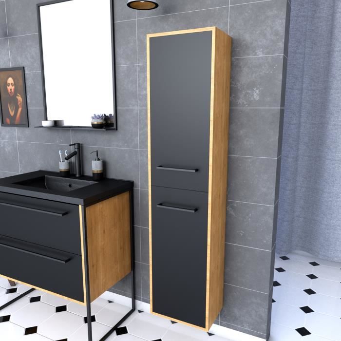Colonne de salle de bain chêne brun 30x35x150 cm avec 2 portes et poignées noir mat - STRUCTURA P092