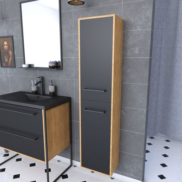Colonne De Salle De Bain Chene Brun 30x35x150 Cm Avec 2 Portes Et Poignees Noir Mat Structura P092 Cdiscount Maison