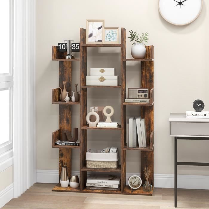 COSTWAY Bibliothèque en Arbre 141 CM 13 Étagères Ouvertes pour Livres et Décorations Dispositifs Anti-renversement Marron
