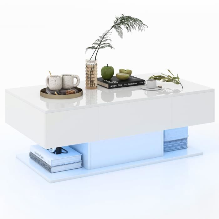 COSTWAY Table Basse avec 20 Lumières LED Colorées Table dAppoint avec 22 Modes et Tiroirs Télécommande Finition Brillante