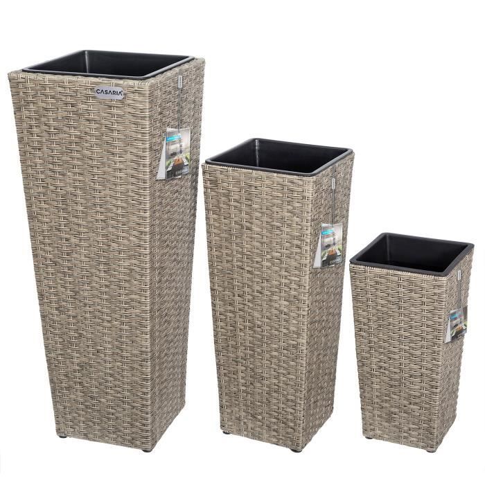 Set de 3 pots de fleurs polyrotin crème cache-pot pot intérieur évacuation eau extérieur intérieur bac à fleurs jardinière
