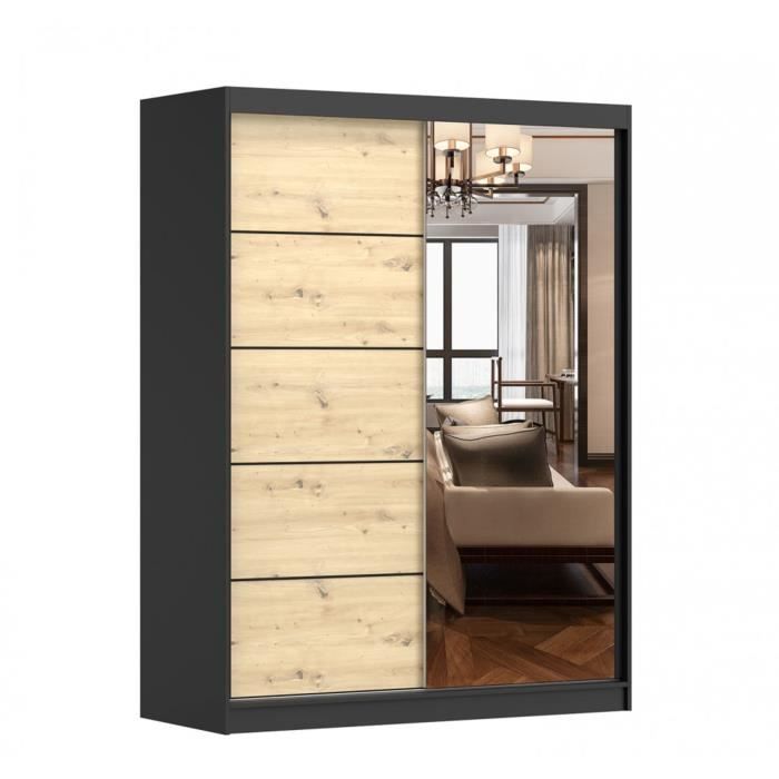 Armoire de chambre avec 2 portes coulissantes et miroir avec étagères - 150x200x61 cm - Beni 05 new (Noir + Artisan, 150)