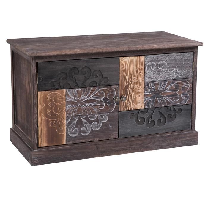 Banc De Rangement Mara Meuble A Chaussures Coffre Avec 2 Portes En Bois De Paulownia Brun Gris Style Vintage