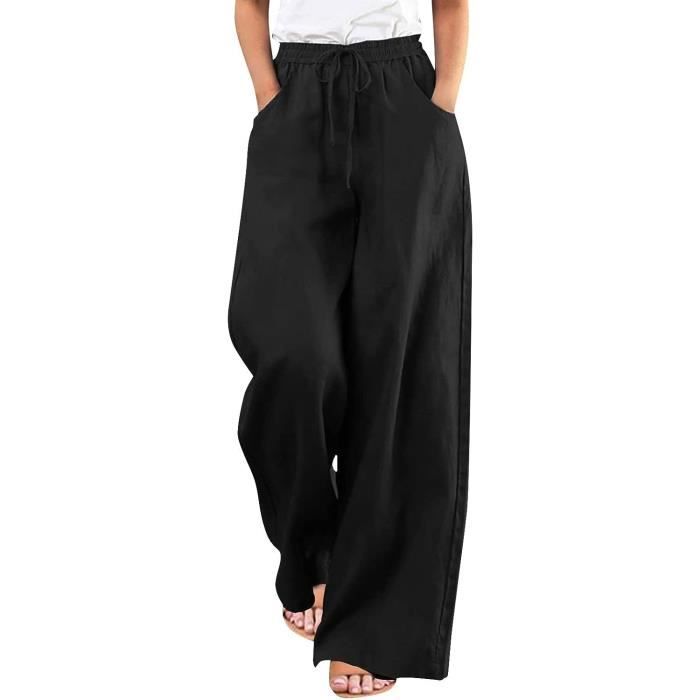 PANTALON Pantalon Lin Femme Taille Haute Cordon Grande Taille Casual Couleur Uni Jogging Lightweight Yoga Ete Noir