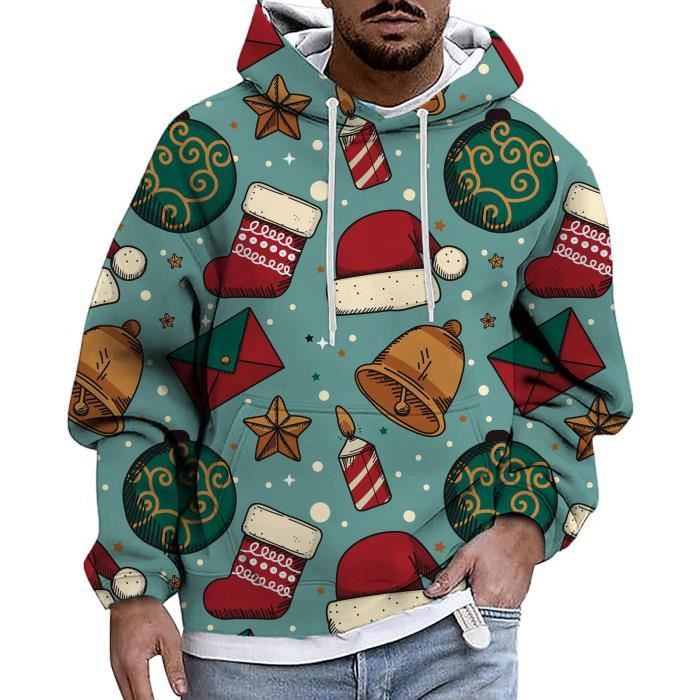 Pull De Noël Pour Homme - Sweat à Capuche De Noël Pour Homme - Sweat à Capuche De Noël Pour Homme à Manches Longues - Motif De Noël Décontracté - Cordon De