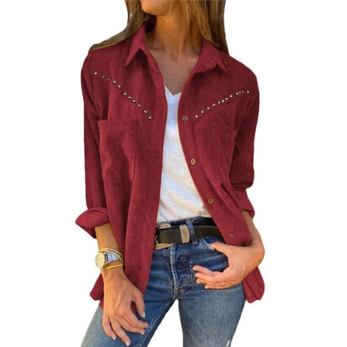 Chemisier en velours côtelé à revers décontracté la mode pour Femme Vin -  Cdiscount Prêt-à-Porter