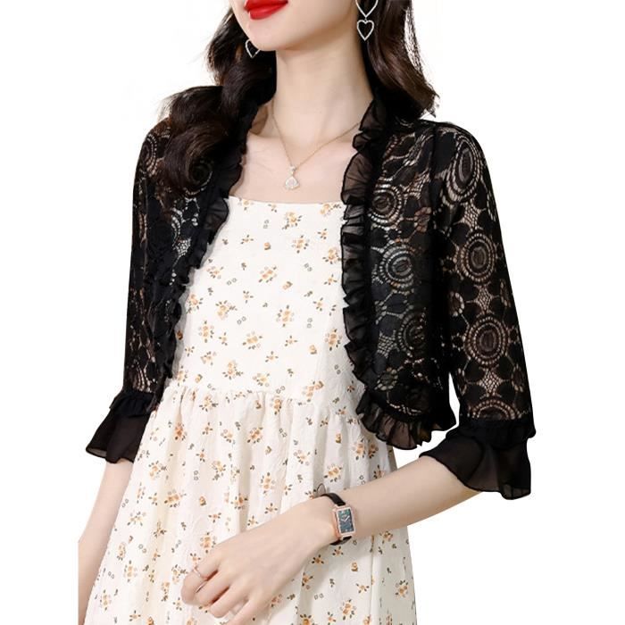 IEFIEL Femmes Elegant Bolero Dentelle Haut Court Decontracte Manches 3 4 Mariage Soiree Ceremonie Ete Noir Cdiscount Pret a Porter