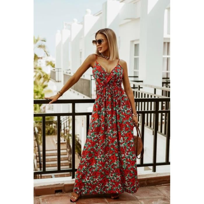 Robe Longue Femme Sexy sans Manche Fleurs Imprime Robe De Plage Ete et Robes Femmes rouge Rouge Cdiscount Pret a Porter