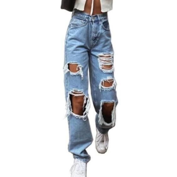 Jeans Femmes bouton taille haute poche elastique trou pantalon pantalon en denim ample bleu MR
