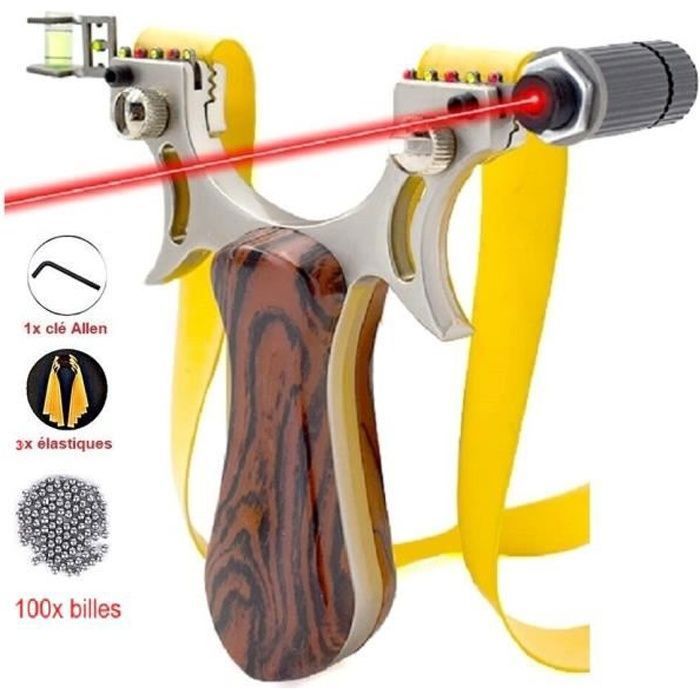 Fronde Lance Pierre + Viseur Laser + 100 Billes + 3 Elastiques Robuste en Bois Métal Très Puissante Professionnel Chasse Pêche