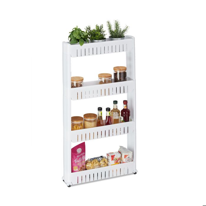 Relaxdays Étagère de cuisine à roulettes 4 niveaux rangement étroit salle de bain 101x125x54 cm plastique blanc