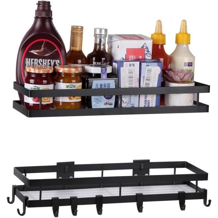Étagère Mural Épices 30 Cm Sans Perçage – 2 Pcs Avec 8 Crochets, Noir Mat, Colle Forte Incluse
