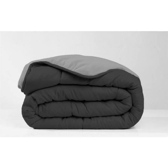 Couette 220x240 cm TODAY - 2 personnes - Bi matière : en flanelle et polyester - Gris et noir