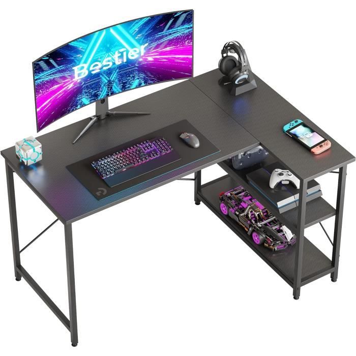 Bureau Gaming En L ISunirm 125x90x75cm Avec LED, Prises Et Rangement - Noir, Idéal Travail & Gaming