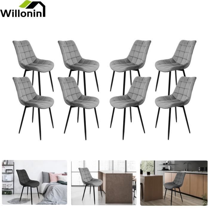 willonin® set de 8 chaises de cuisine, siege 50x39 cm en tissu velours, style vintage, hauteur 89cm, gris clair