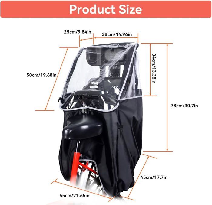 Housse Pluie Siège Enfant Vélo – Transparent, Pliable, Résiste Aux UV, Fenêtres Et Aérations, 78x55x45 Cm